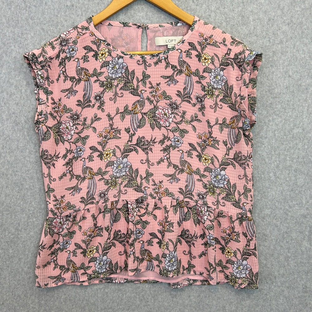 LOFT Peplum Blouse Pastel Pink Peacock Bird Floral Top Boho Girly Size XS Petite